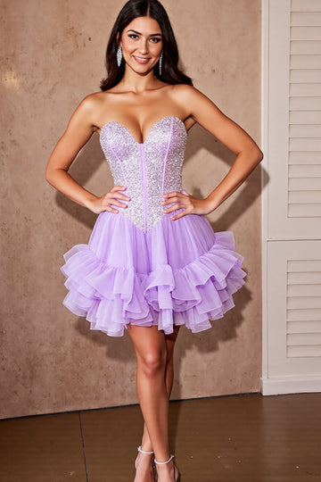 Sparkly Strapless Ruffled Lilac Homecoming Dress with Sequins